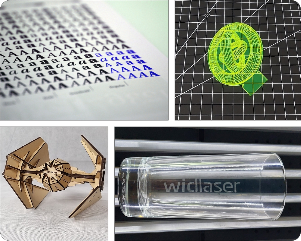 Print sample with different typography, an acrylic laser cut doughnut, a wooden laser cut space ship 3D model, and a logo etched into a glass.
